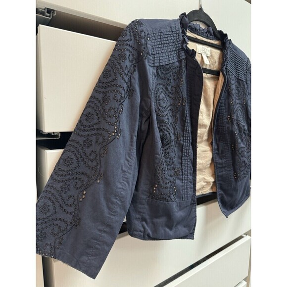 ANN TAYLOR LOFT Embroidered Eyelet Navy Blazer Sz 4 Petite 3/4 Sleeve Lined - Picture 6 of 7